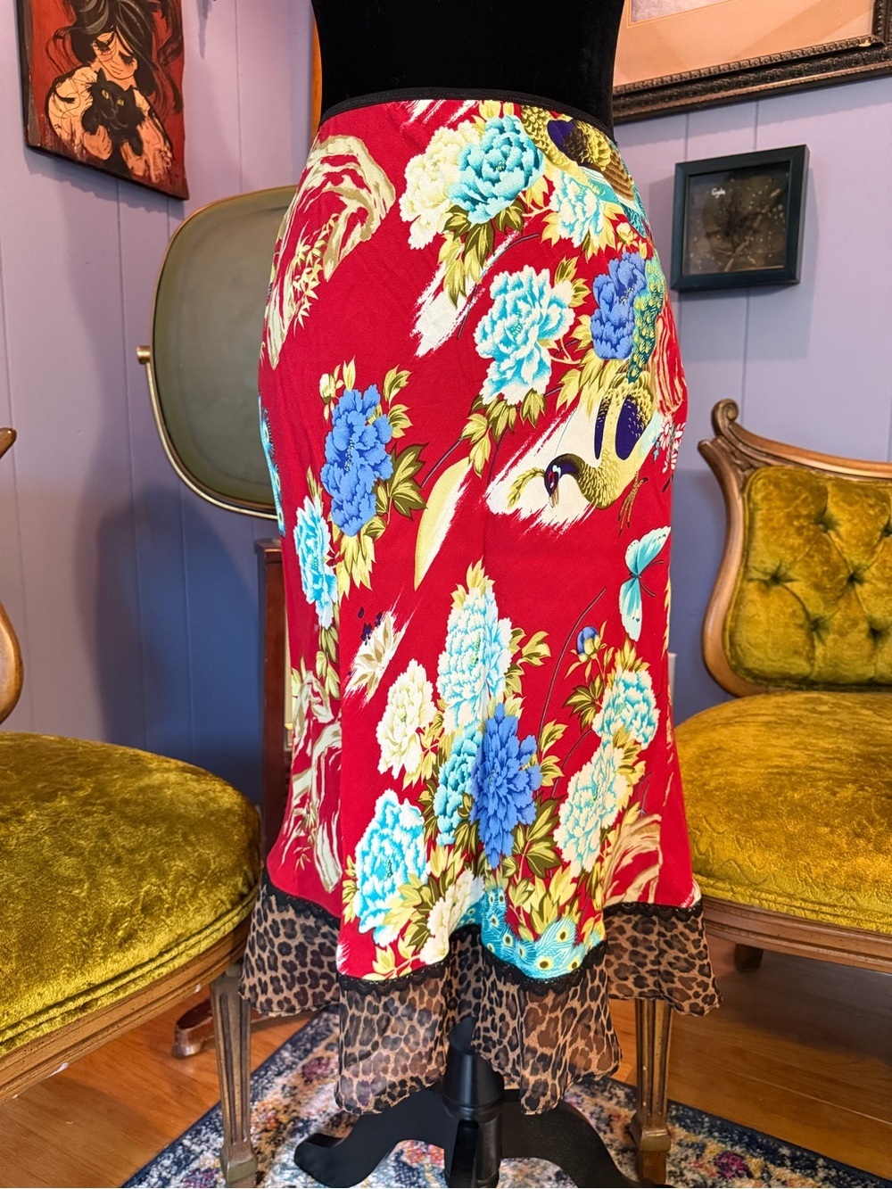 Vtg Y2K Anthropologie Floral And Leopard Print Midi Maximalist Eclectic Skirt